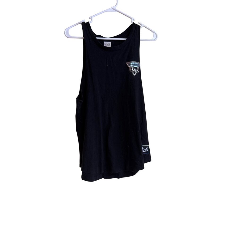 Victorias Secret Pink Black Racerback Tank Top With Silver Palm Tree Logo XS